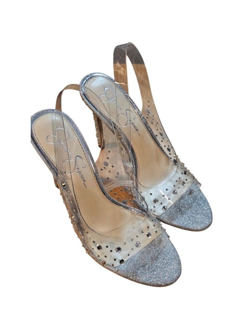Jessica Simpson Silver Clear Glitter Slingback Heels Size 7 - Picture 7 of 14